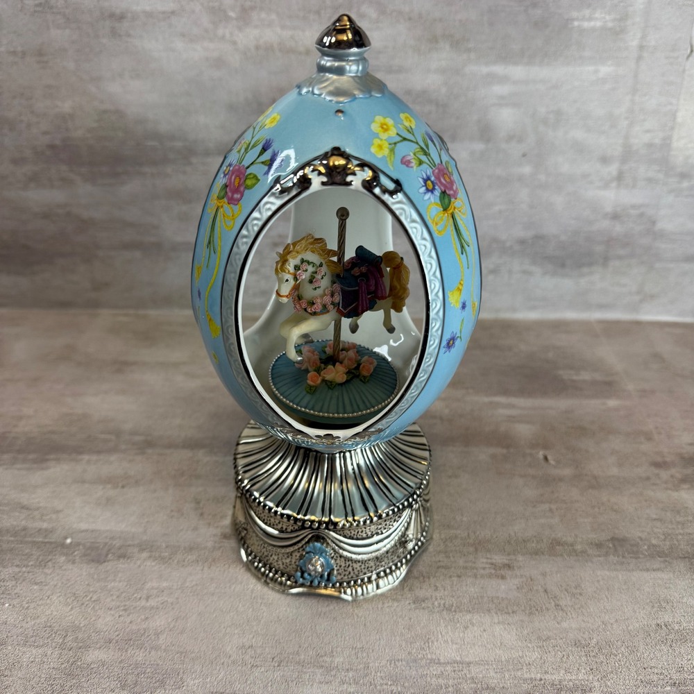 Royal Limited Carousel Waltz Musical Egg Carousel Horse Blue Floral Silver Base